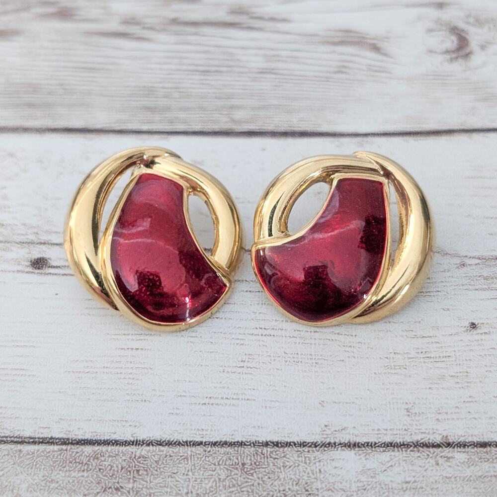 Vintage Stud Earrings Unusual Red & Gold Tone Statement